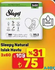 SLEEPY NATURAL ISLAK MENDİL HAVLU 3X60 3'LÜ